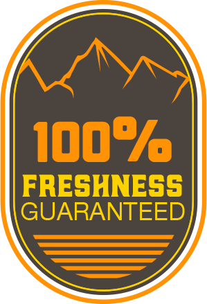 Ricco Coffee – 100% Freshness Guaranteed Emblem Ricco Coffee Company 100% Freshness Guaranteed badge with mountain silhouette and golden stripes symbolizing sealed freshness