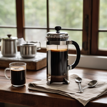 French-Press-Coffee-Starter-Kit-Wooden-Table A beginner's French press setup with a full coffee press and a brewed cup on a wooden table, complete with teaspoons and a napkin, near a window, capturing the simple and rich essence of brewing with a French press.