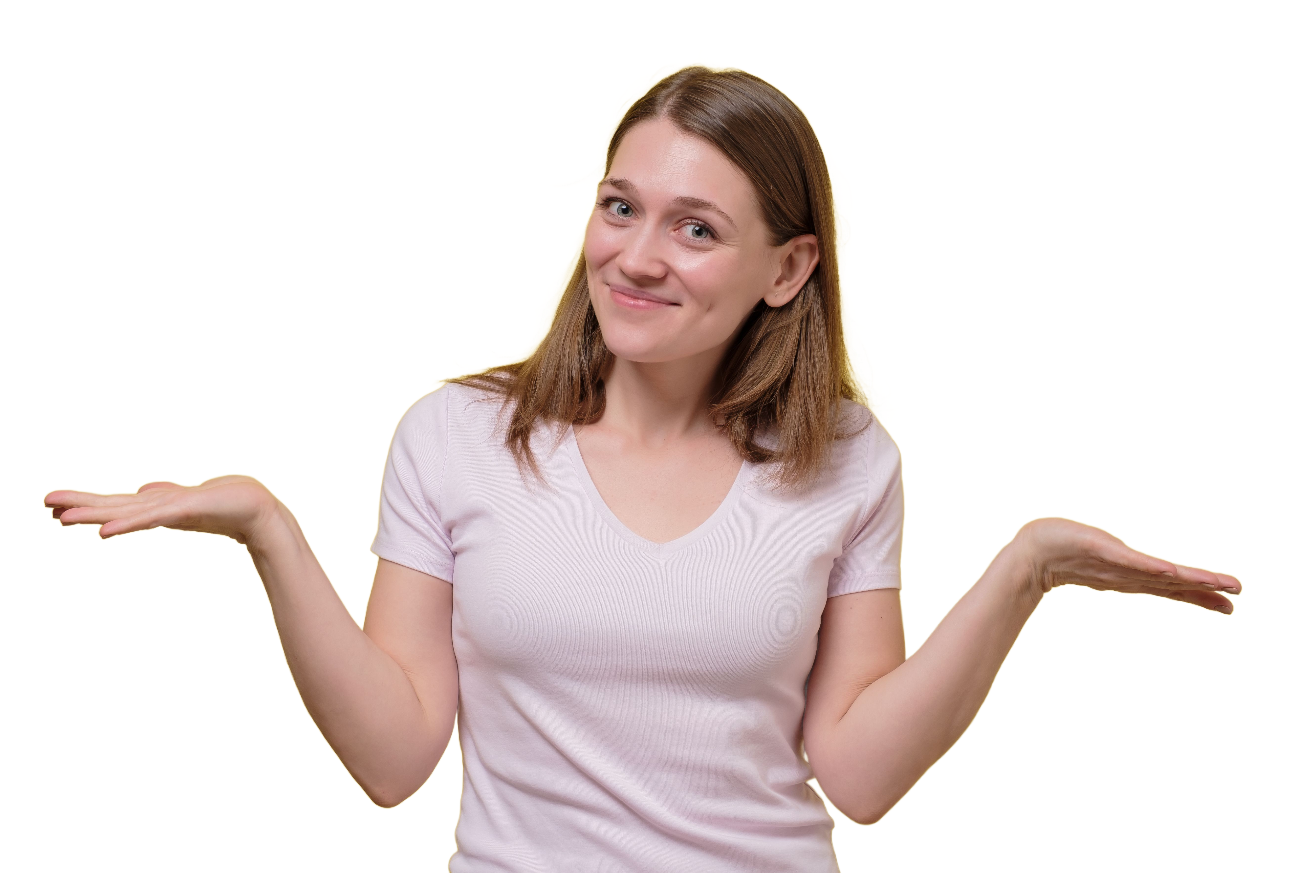 A woman with a subtle smile, wearing a casual pink t-shirt, gesturing with her hands as if weighing options, symbolizing a customer considering the value of investing in a Sowden SoftBrew coffee maker.