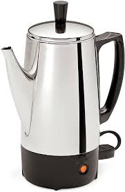 : A sleek, electric stainless steel percolator stands with a distinguished air, showcasing a contrast between its shiny metallic body and the black accents of its base and handle. This image reflects the percolator's modern design, optimized for durability and ease of use, representing a blend of functionality and style for coffee lovers who value the speed and convenience of contemporary appliances along with the classic percolation brewing method.