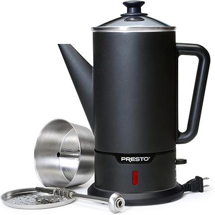 The Presto 12-cup cordless stainless steel coffee percolator, with its components laid out, illustrates the harmony of form and function. The matte-black finish of the body provides a modern touch, while the stainless steel filter basket and perk tube promise durability. A red indicator light on the base signals when the coffee is ready, making it a blend of traditional brewing techniques and contemporary convenience for coffee enthusiasts who value both style and substance in their coffee-making tools.
