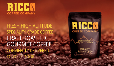 Promotional banner for Ricco Coffee Company featuring a pack of their specialty-grade, high altitude, craft-roasted gourmet coffee against a backdrop of rich, aromatic beans, with a promise of convenient delivery.