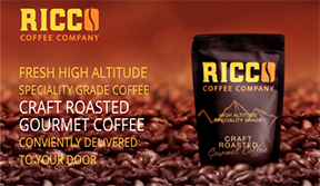 Ricco-Coffee-Company-Craft-Roasted-Delivery-Service An advertisement for Ricco Coffee Company, highlighting their service of delivering fresh, high-altitude specialty-grade, craft-roasted gourmet coffee conveniently to your door, enhancing the French press coffee experience with their diverse blend selection.
