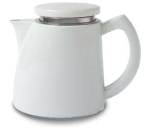 The Sowden Oskar SoftBrew 8-Cup Coffee Maker, elegantly designed with a white ceramic body and a contrasting black base, resembling a modern teapot.