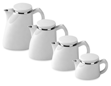 A lineup of Sowden SoftBrew coffee makers in four sizes, arranged from largest to smallest, illustrating the variety available for personalizing the immersion brewing experience.