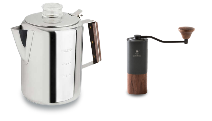 Stovetop-Percolator-and-Manual-Grinder.png A person's hand is captured pouring finely ground coffee from a copper scoop into the stainless steel basket of a stovetop percolator, preparing for a traditional brew. The focus on the grounds and basket details highlights the initial step in achieving the full-flavored coffee that stovetop percolators are renowned for. This moment is a key part of the brewing ritual, setting the stage for a rich and aromatic coffee experience.