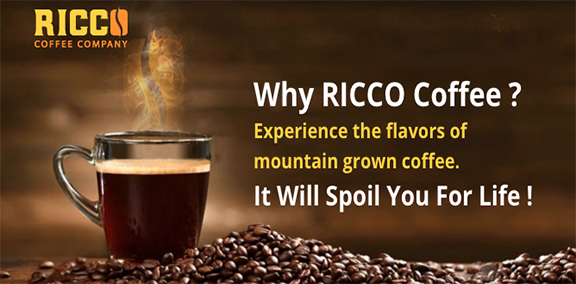 Promotional banner of Ricco Coffee Company with a steaming cup of coffee and text overlay "Why RICCO Coffee? Experience the flavors of mountain-grown coffee. It Will Spoil You For Life!" against a backdrop of coffee beans.