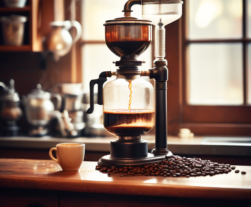 A vintage siphon vacuum coffee brewer elegantly percolating on a wooden countertop, surrounded by scattered coffee beans and a small coffee cup, with warm sunlight streaming through a kitchen window.