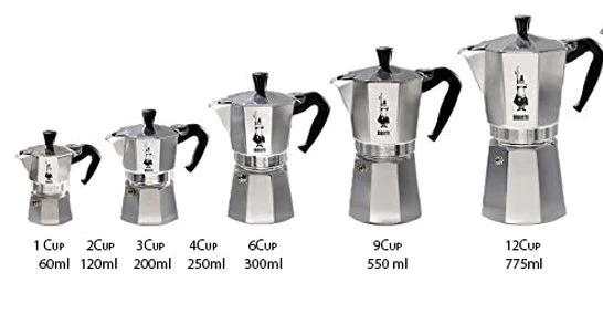 Bialetti-Moka-Pot-Different-Sizes A range of Bialetti Moka Pots in various sizes from 1-cup to 12-cups, highlighting the different options available for brewing Italian espresso-style coffee at home.