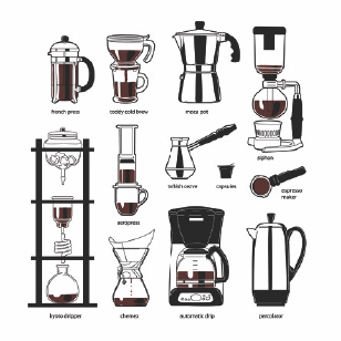 Coffee-Brewing-Methods-Comparison-Chart An illustrated chart comparing various coffee brewing methods including the French press, cold brew, Moka Pot, siphon, espresso maker, and more, highlighting the unique brewing process of each method.