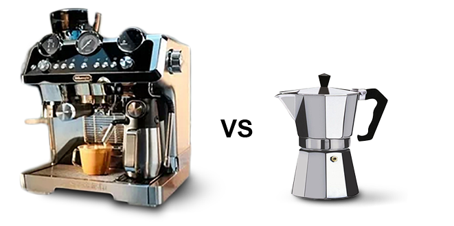 Espresso-Machine-Vs-Moka-Pot A traditional Moka Pot coffee maker next to a cup of freshly brewed coffee, offering a taste of Italy's iconic coffee culture right at home.