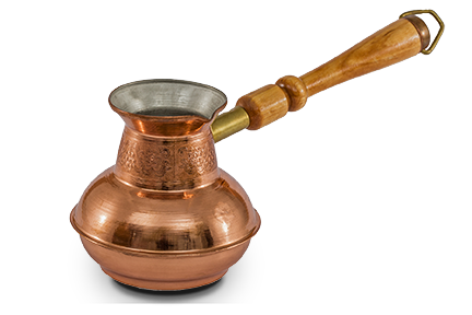 Italian-Style-Turkish-Coffee-Pot A shiny copper Moka Pot coffee maker with a classic wooden handle, capturing the essence of traditional Italian coffee brewing.