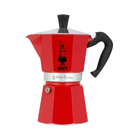 Red-Bialetti-Moka-Express A red Bialetti Moka Express stovetop espresso maker, exemplifying the classic Italian design and color signifying its authentic "Made in Italy" craftsmanship.
