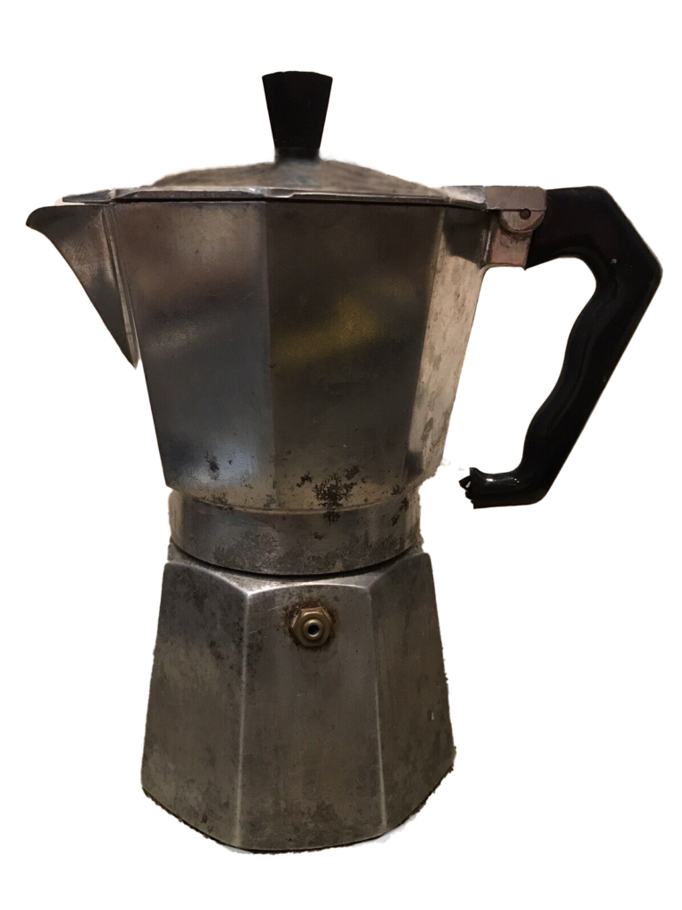 Vintage-1940s-Moka-Pot A 1940s vintage Moka Pot, exhibiting signs of wear and a rich patina, symbolizing the long history and traditional craftsmanship of Italian stovetop coffee makers.