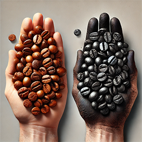 Side-by-side comparison of over-roasted and artisan craft-roasted coffee beans, emphasizing the importance of preserving health benefits like EGCG.