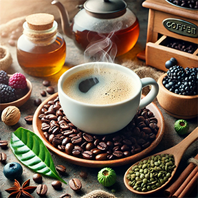 A steaming cup of coffee surrounded by roasted coffee beans, berries, and green tea leaves, highlighting coffee's antioxidants, EGCG benefits, and health benefits for insulin resistance.