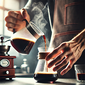 A barista pouring freshly brewed specialty-grade coffee into a carafe, showcasing the precision and artistry of craft roasting.