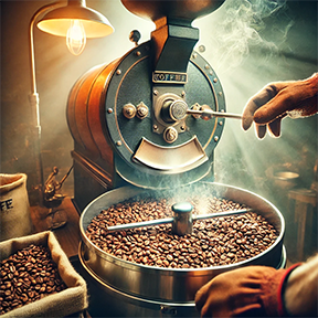 A craft coffee roaster with steaming coffee beans being meticulously roasted to preserve EGCG and enhance flavor.