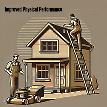 An i llustration of two workers engaging in physically demanding tasks like roofing and lawn care, representing how caffeine enhances endurance, strength, and physical performance for daily activities and labor - intensive work.