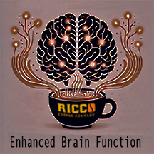 An i llustration of a brain with neural connectio ns and a steaming coffee cup with Ricco Coffee Company logo , highlighting caffeine’s ability to enhance focus, memory, and cognitive function.