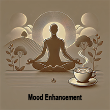 An illustration of a person meditating in a lotus position with a steaming cup of specialty grade Ricco coffee nearby, symbolizing how caffeine enhances mood, promotes relaxation, and reduces the ri sk of depression.