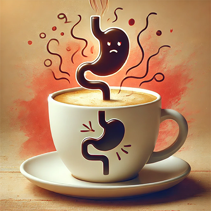 Illustration of a steaming coffee cup with a distressed stomach icon, symbolizing how over - roasted coffee compounds like chlorogenic acids and N - alk anoyl - 5 - hydroxytryptamide can stimulate stomach acid production, leading to irritation, acid reflux, and digestive discomfort