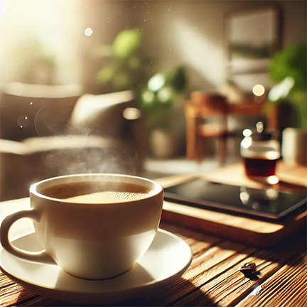 A steaming cup of Ricco Coffee sits on a wooden table in a cozy, sunlit home setting, creating the perfect coffee experience. Enjoy the best specialty coffee for home, crafted from premium craft roasted beans. Ricco Coffee delivers fres h gourmet coffee to your door, helping you discover how to enjoy the perfect cup of coffee every morning.