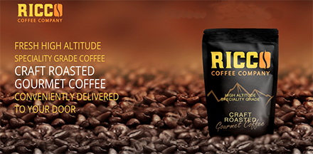 A Ricco Coffee Company bag sits on a bed of freshly roasted coffee beans, featuring the company logo and promotional text about fresh high - altitude specialty - grade coffee. Ricco Coffee’s craft roasted coffee is available through the best coffee subscriptio n Caffeine_Metadata_Image Titles, ALT Content.docx service, offering fresh gourmet coffee delivered conveniently to your door. Enjoy high - altitude craft roasted coffee and premium coffee beans online for the perfect cup.