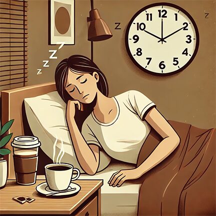 A person lying in bed struggling to sleep along with a cup of coffee on the nightstand illustrating how sleep patterns are affected by excessive caffeine and drinking coffee too close to bedtime.