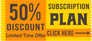Ricco Coffee banner promoting 50% discount for new subscription plan signups; yellow and orange coupon-style design with call-to-action