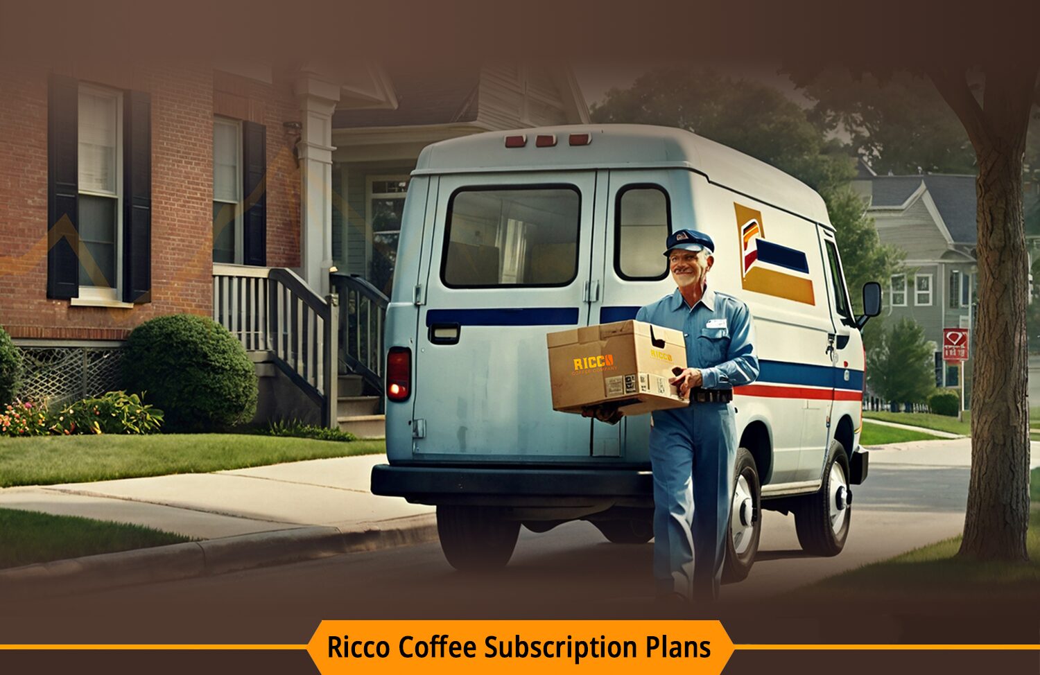 Ricco Coffee subscription banner showing a smiling postal carrier delivering a Ricco Coffee box to a suburban home. Orange bar reads: 'Ricco Coffee Subscription Plans'